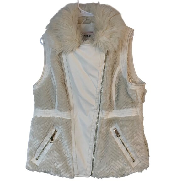 Guess Womens Cream Faux Fur & Leather Asymmetric Zip Vest XL 10009 - Picture 2 of 12